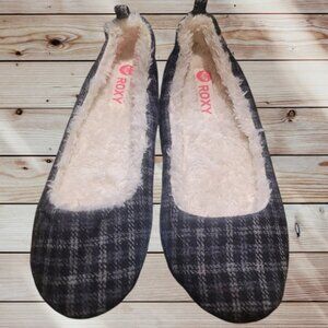 ROXY - 8.5 - HOT CIDER - Flannel Grey Plaid Sherpa Lined Ballet Flats